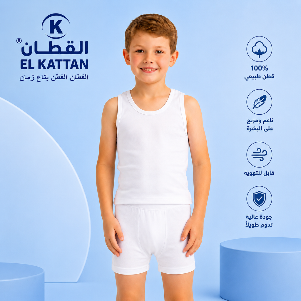 طقم فانلة وشورت للأولاد من القطن الناعم باللون الأبيض من EL KATTAN - راحة يومية